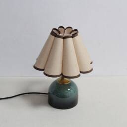Handmade Khaki Linen Lamp Brown Trim, Dark Green Ceramic Base - thumbnail 3
