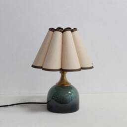 Handmade Khaki Linen Lamp Brown Trim, Dark Green Ceramic Base - thumbnail 2
