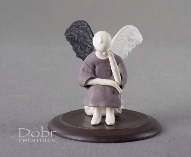 Ceramic Statuette , Clay Sculpture, Figure, Angel, Blac K, White - image 1