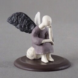 Ceramic Statuette , Clay Sculpture, Figure, Angel, Blac K, White - thumbnail 4