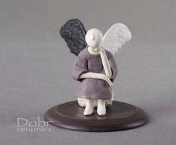 Ceramic Statuette , Clay Sculpture, Figure, Angel, Blac K, White - thumbnail 1