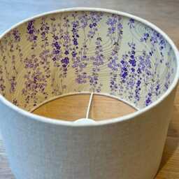 Luxury Lampshade Using Beautiful Japanese Chirugami - Yuzen Paper Sandy/Beige Linen Exterior Cream & Mauve/Purple Interior - thumbnail 4