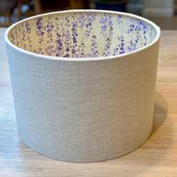 Luxury Lampshade Using Beautiful Japanese Chirugami - Yuzen Paper Sandy/Beige Linen Exterior Cream & Mauve/Purple Interior - thumbnail 1