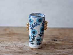 Ceramic Bud Vase With Gold Handles, Small Handbuilt Floral Ceramic For Flowers, Rustic Organic Ceramics - thumbnail 1