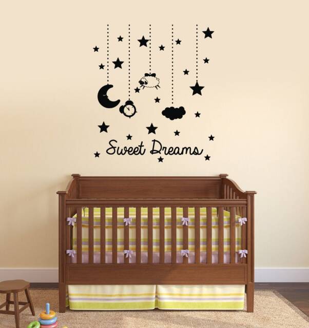 Sweet Dreams Vinyl Wall Decal Nursery Bedroom Kids Room Decor Stars Moon Above Bed Stickers Mural - #2827Di - image 1
