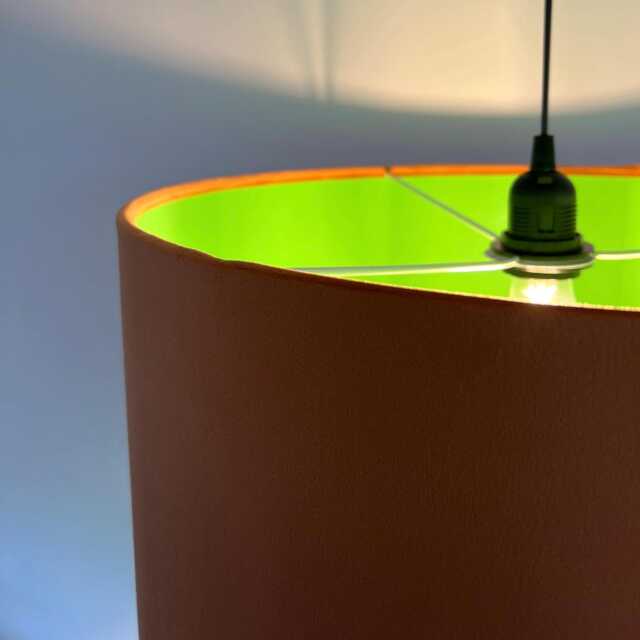 Burnt Orange Velvet Drum Lampshade, Double Sided Lampshade With Grass Green Cotton Interior - image 1