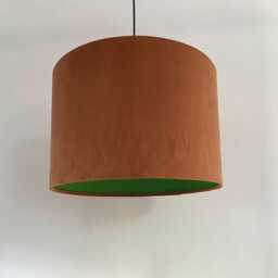 Burnt Orange Velvet Drum Lampshade, Double Sided Lampshade With Grass Green Cotton Interior - thumbnail 2