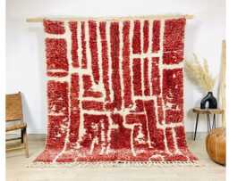 Red White Abstract Moroccan Rug - Berber Large Area Handmade Hand Tufted Wool Carpet Modern Shag