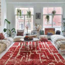 Red White Abstract Moroccan Rug - Berber Large Area Handmade Hand Tufted Wool Carpet Modern Shag - thumbnail 3