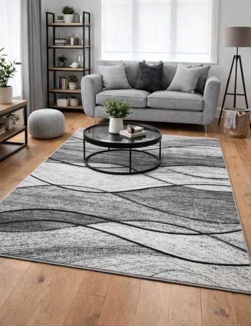 New Silver Grey Wave Rugs Small Large Mats Modern Contemporary Design UK - image 1