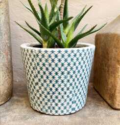 Large Dutch Pot - Crackle Glaze Plant With A Teal Blue Cross Pattern Rustic White Cover Succulent Planter House