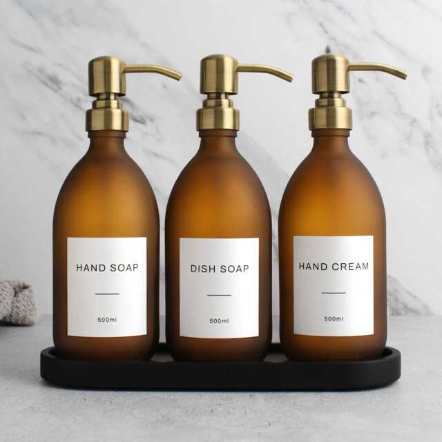 Black Tray & Frosted Amber Dispenser Set - Labelled Refillable Bottle With Gold Pump & Label - For Shampoo, Hand Soap, Cream, Body Wash - image 1