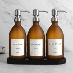 Black Tray & Frosted Amber Dispenser Set - Labelled Refillable Bottle With Gold Pump & Label - For Shampoo, Hand Soap, Cream, Body Wash - thumbnail 3