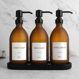 Black Tray & Frosted Amber Dispenser Set - Labelled Refillable Bottle With Gold Pump & Label - For Shampoo, Hand Soap, Cream, Body Wash - thumbnail 2