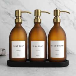 Black Tray & Frosted Amber Dispenser Set - Labelled Refillable Bottle With Gold Pump & Label - For Shampoo, Hand Soap, Cream, Body Wash - thumbnail 1