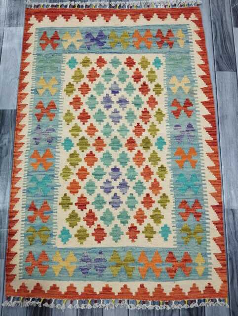 Kilim Rug Classic, Handmade Artisan Afghan Turkish Scandinavian Navajo Bohemian Wool Flatweave Multicolour 129x88 cm - image 1