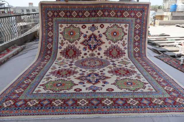 9x12 Beige Kazak Rug, Afghan Traditional Fine Quality Handmade Wool Geometric Area Turkmen Oriental Rug For Dining Table - image 1