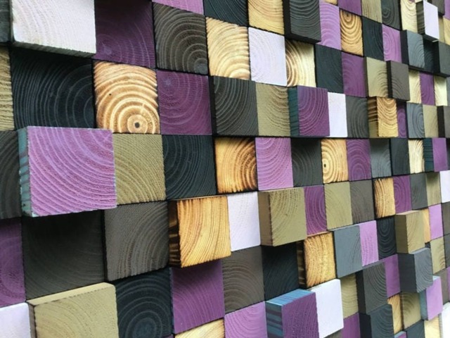 Reclaimed Wood Wall Art - 3D Geometric Mosaic, Shades Of Brown & Purple - image 1