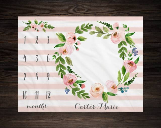 Girl Milestone Blanket Month Growth Tracker Minky Fleece Custom Personalized Baby Shower Gift Watercolor Floral Newborn - image 1
