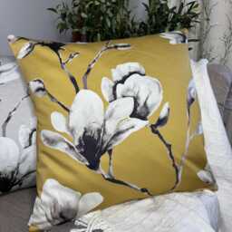 Magnolia Floral Cushion Cover, Grey - Ochre Pillow Cover For Sofa Chair/Harlequin Lotus Fabric - thumbnail 1