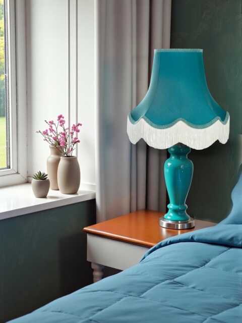 Teal Blue Dupion Fabric Lampshade Scalloped Trim, Handmade UK Craftsmanship - image 1