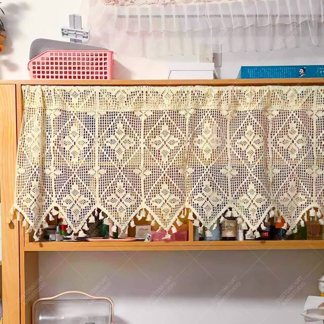 Crochet Valance Floral Rod Pocket Cafe Curtain With Tassels - image 1