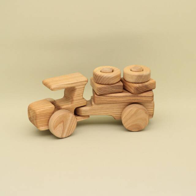 Wooden Tractor Toy Montessori Stacking Blocks, Handmade Ash Wood - image 1