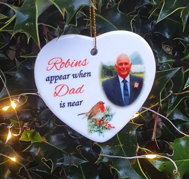 Personalised Memorial Photo Christmas Bauble Robins Appear, Heart Ornament