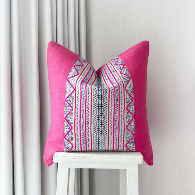 "Vintage Hmong Textile Pillow Cover Pink Boho Throw, 20""x20" - image 1