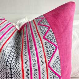 "Vintage Hmong Textile Pillow Cover Pink Boho Throw, 20""x20" - thumbnail 3