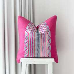 "Vintage Hmong Textile Pillow Cover Pink Boho Throw, 20""x20" - thumbnail 1