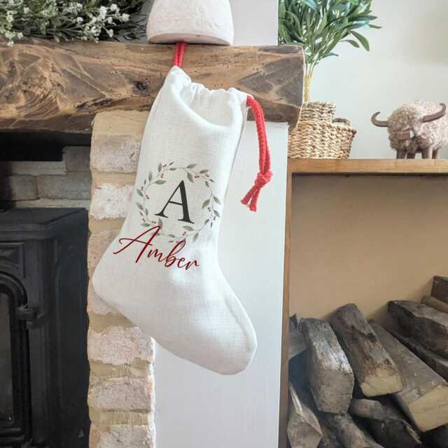 Personalised Christmas Stocking, Initial Wreath, Custom Name Linen Holiday Decor - image 1