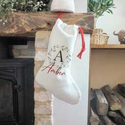 Personalised Christmas Stocking, Initial Wreath, Custom Name Linen Holiday Decor - thumbnail 4