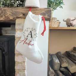 Personalised Christmas Stocking, Initial Wreath, Custom Name Linen Holiday Decor
