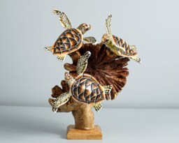Trio Turtle Sculpture, Sea Turtle, Wood Carving, Ocean, Colorful, Handcrafted, Painted Statue, Table Decor, Family Room Parents Gift - thumbnail 1