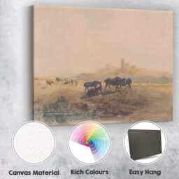 Pastoral Countryside Horses & Castle Watercolour Landscape Canvas Wall Art Print Decor Picture Ready To Hang - thumbnail 2