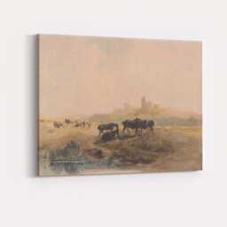 Pastoral Countryside Horses & Castle Watercolour Landscape Canvas Wall Art Print Decor Picture Ready To Hang - thumbnail 4