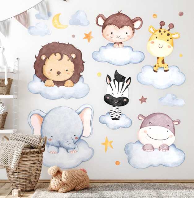 Animals in Clouds Wall Stickers For Baby Room, Gray Children's Room Decor, Decal Kids Self Adhesive - image 1