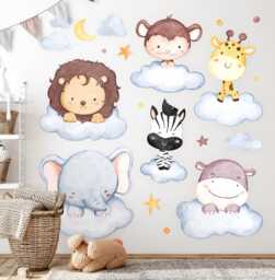 Animals in Clouds Wall Stickers For Baby Room, Gray Children's Room Decor, Decal Kids Self Adhesive - thumbnail 1