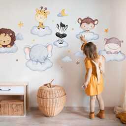 Animals in Clouds Wall Stickers For Baby Room, Gray Children's Room Decor, Decal Kids Self Adhesive - thumbnail 2