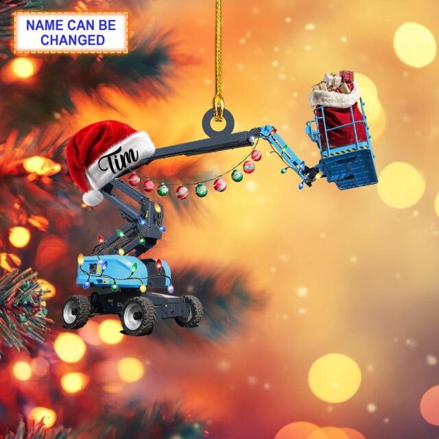 Custom Name Boom Lift With Santa Hat & Christmas Lights Ornament, Tree Hanging Decor, Flat 2D Ornament - image 1