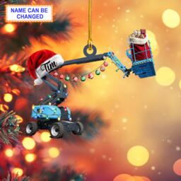 Custom Name Boom Lift With Santa Hat & Christmas Lights Ornament, Tree Hanging Decor, Flat 2D Ornament
