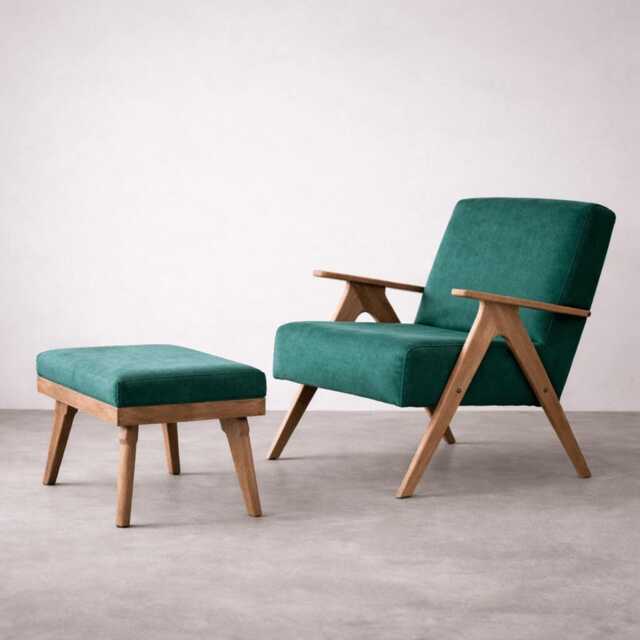 Handmade Mid-Century Modern Green Armchair & Ottoman Set Solid Beech Wood - image 1