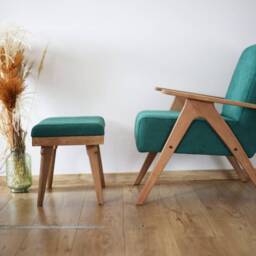 Handmade Mid-Century Modern Green Armchair & Ottoman Set Solid Beech Wood - thumbnail 3