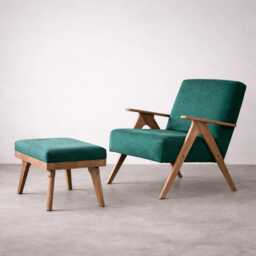 Handmade Mid-Century Modern Green Armchair & Ottoman Set Solid Beech Wood - thumbnail 1