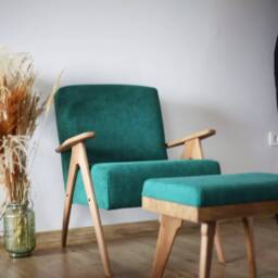 Handmade Mid-Century Modern Green Armchair & Ottoman Set Solid Beech Wood - thumbnail 2