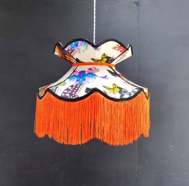 Christian Lacroix Butterfly Lampshade Orange Fringed Crown Top, Hand Sewn - image 1