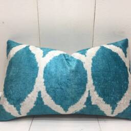 Handwoven Silk Ikat Pillow Cover 12x20, Turquoise Accent - thumbnail 2