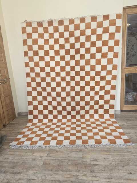 Orange & White Checkered Wool Rug, Pet-Friendly Beni Ourain Style - image 1