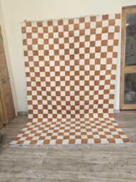 Orange & White Checkered Wool Rug, Pet-Friendly Beni Ourain Style - thumbnail 1